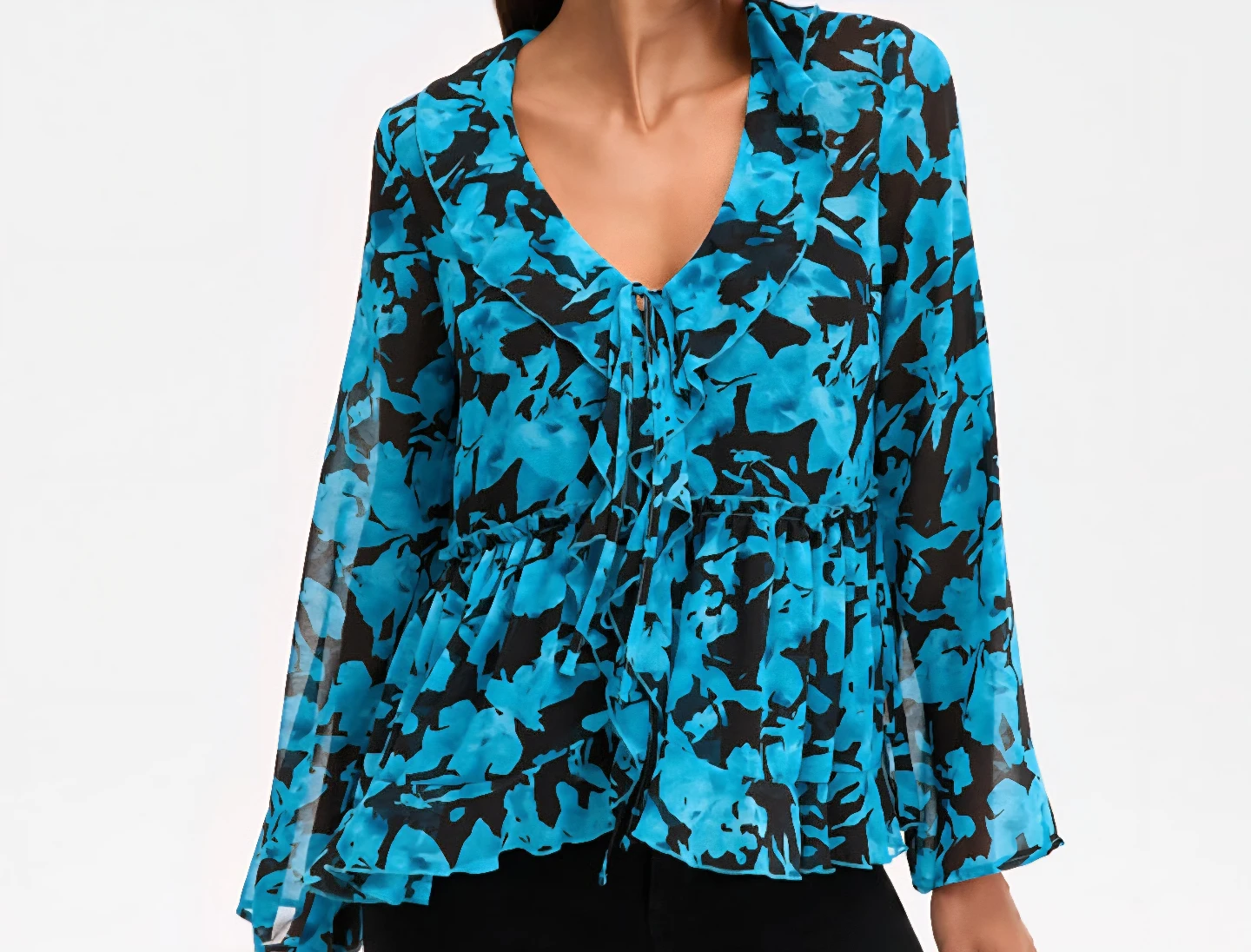 I.N.C. woman Blue Floral Long Sleeve Peplum Blouse