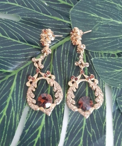 Faux gold-tone Dangle Earrings with Brown Jewel Accents