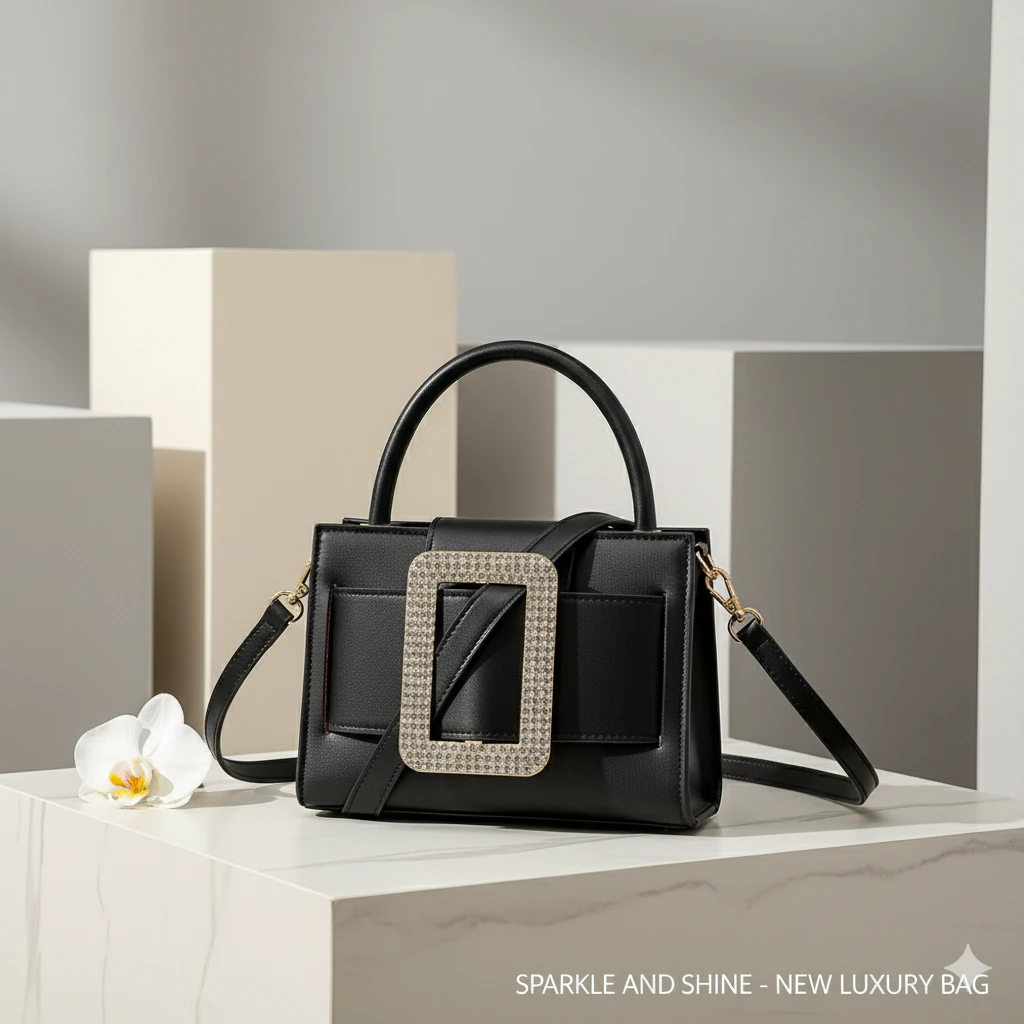 Black Handbag with Embellished Buckle