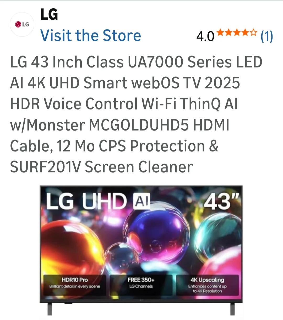 LG 43 Inch UA7000 Series LED 4K UHD Smart TV with HDR & Wi-Fi
