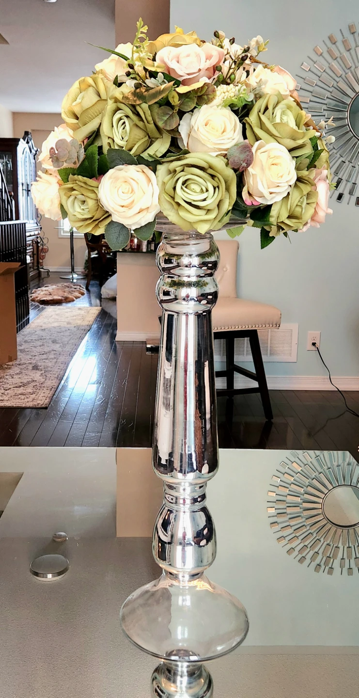 Silver Candlestick with Faux Flowers