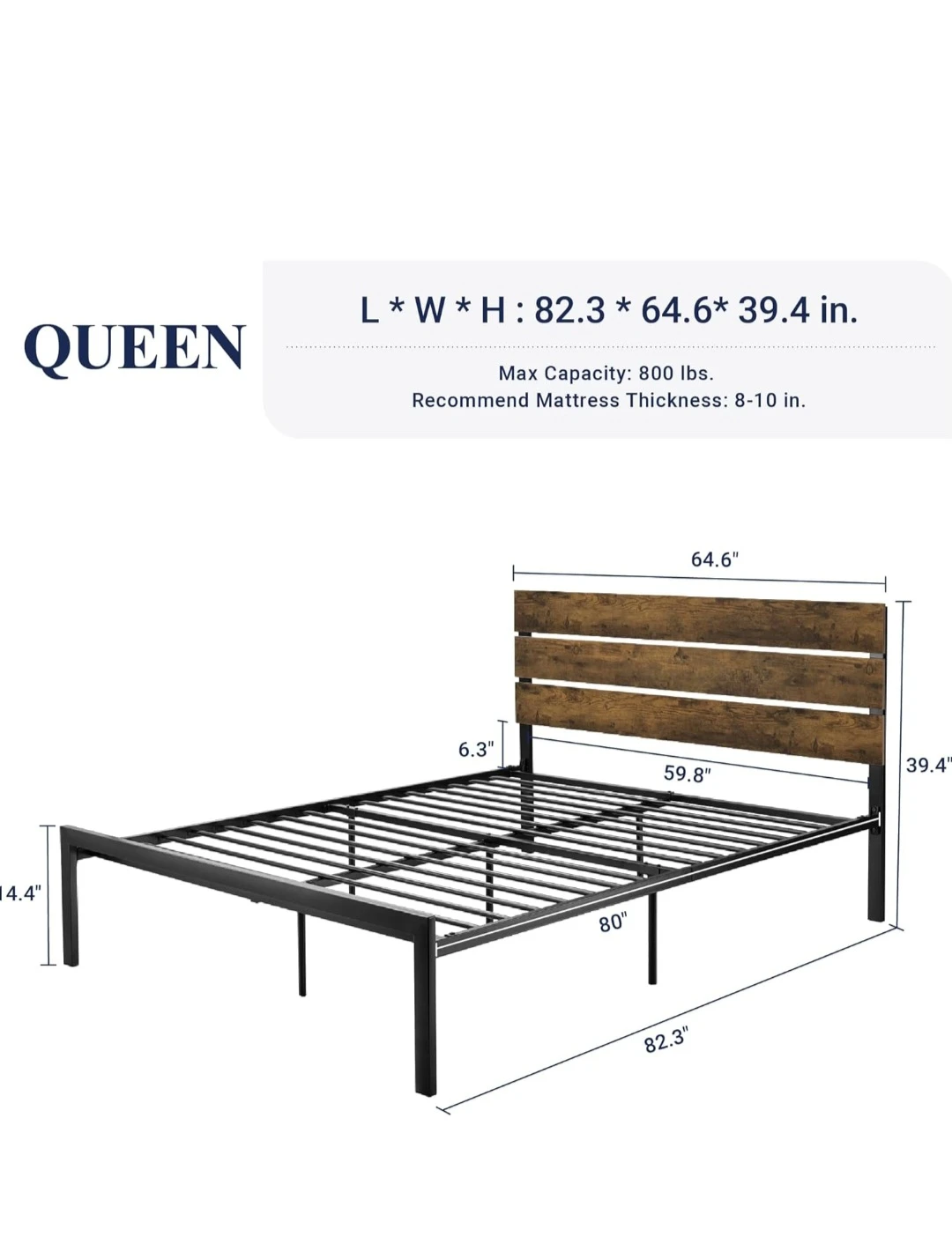 Queen Size Metal Bed Frame with Wood Headboard - photo 2