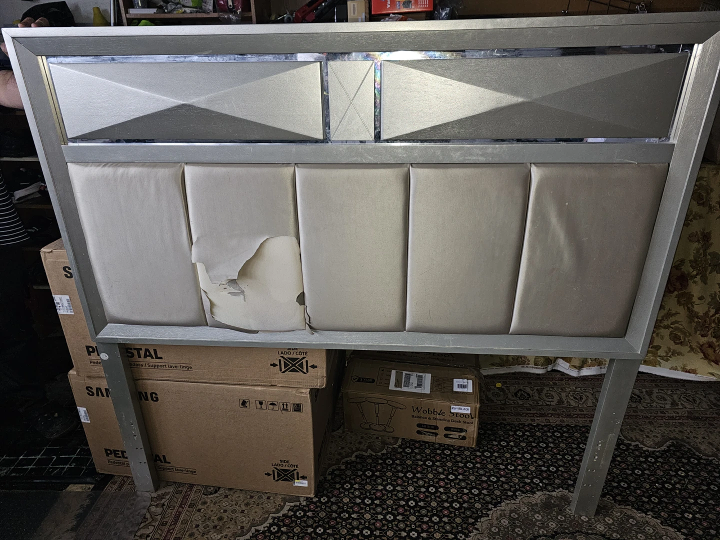 Silver Upholstered Headboard with Damage