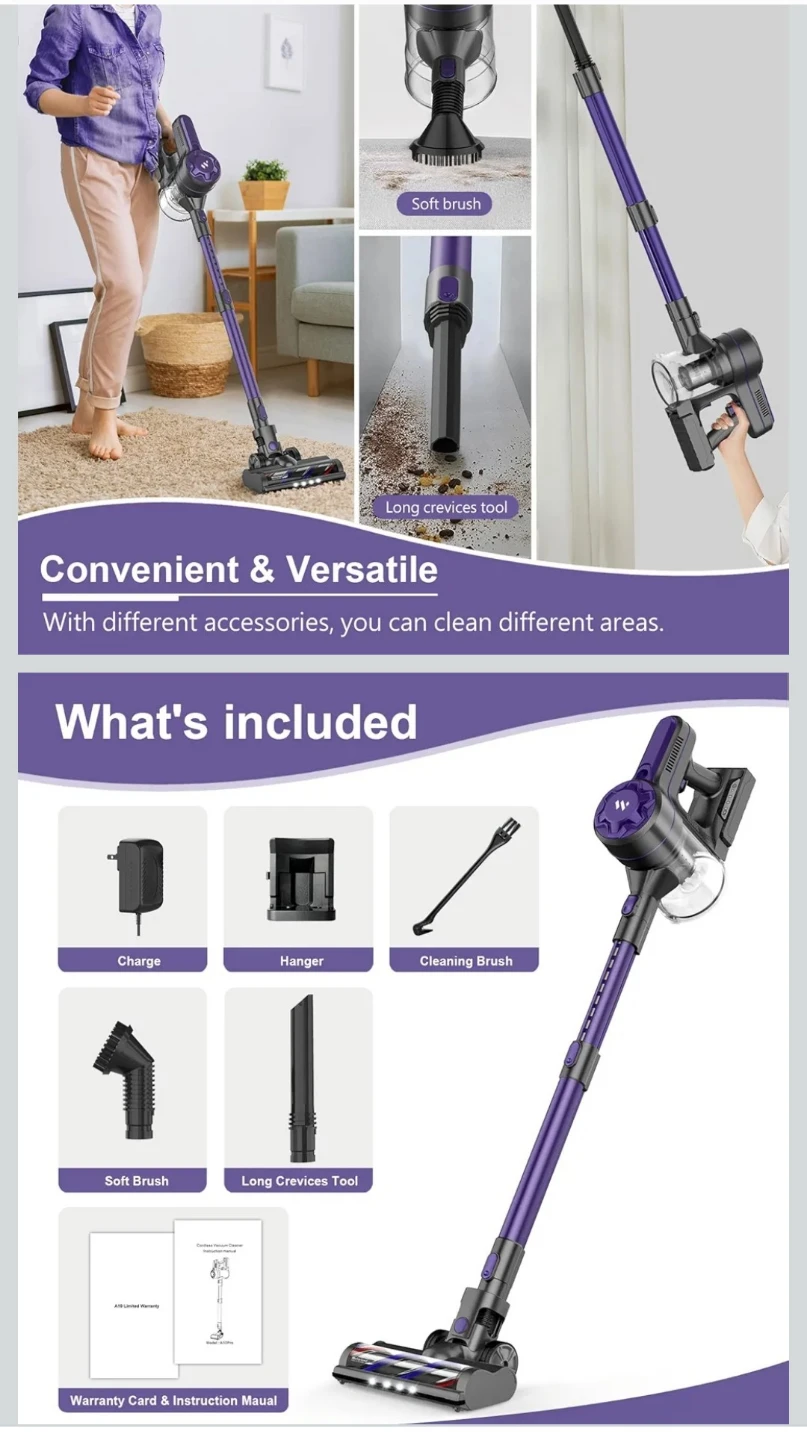 Purple Cordless Stick Vacuum Cleaner with 20kPa Suction