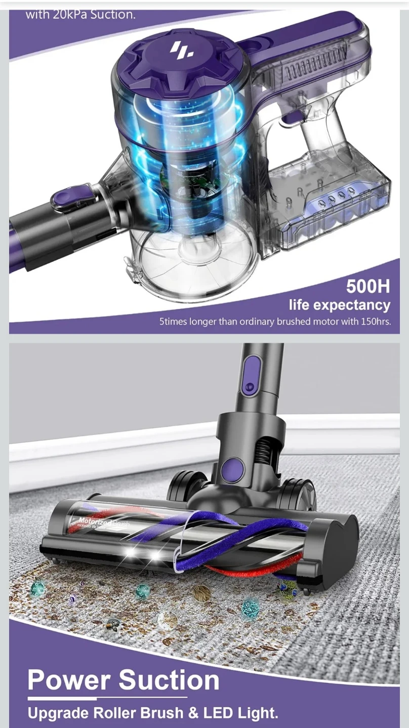 Purple Cordless Stick Vacuum Cleaner with 20kPa Suction - photo 4