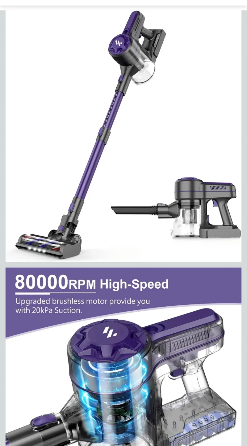 Purple Cordless Stick Vacuum Cleaner with 20kPa Suction - photo 5