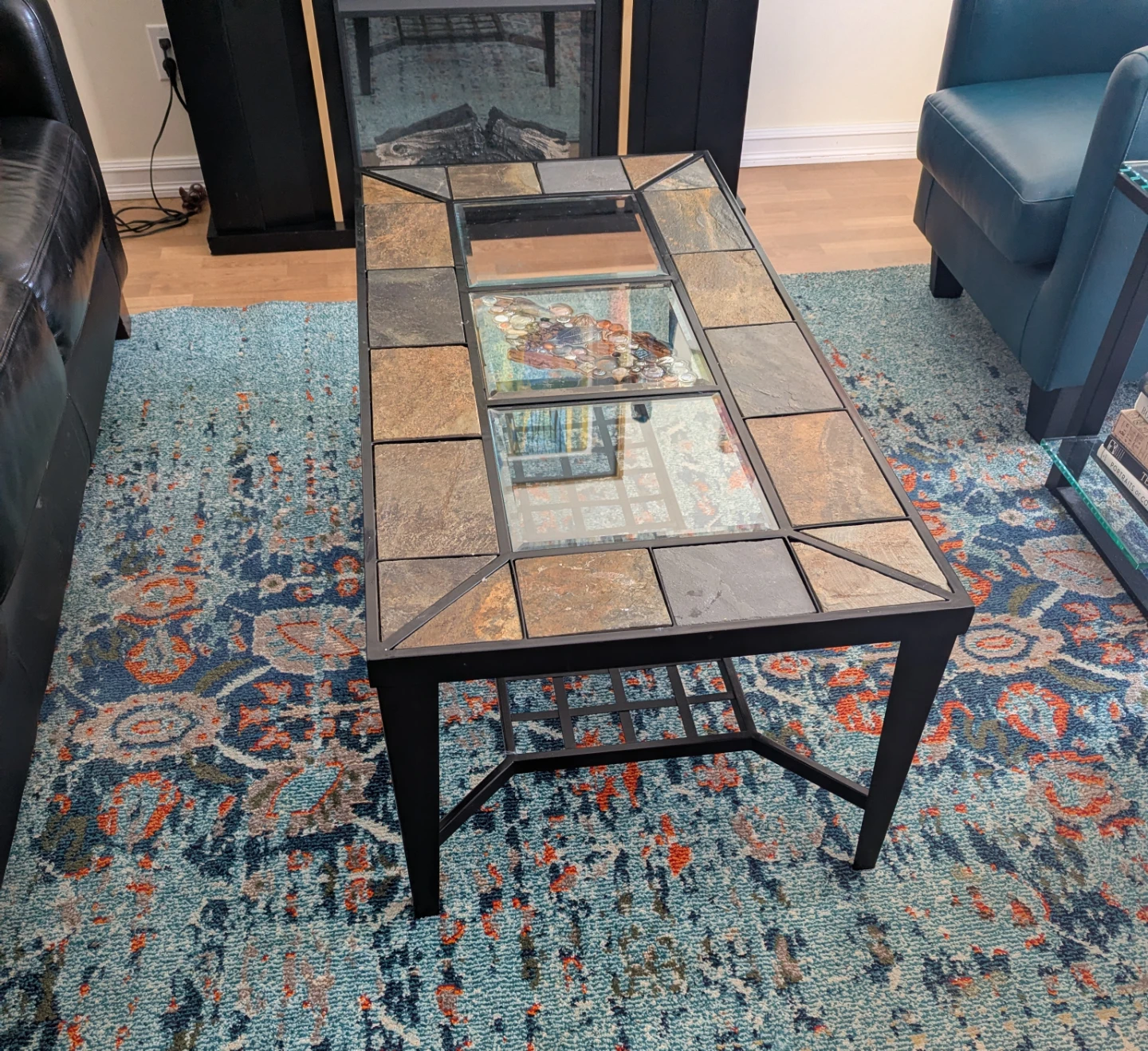 Rectangular Coffee Table with Stone and Decorative