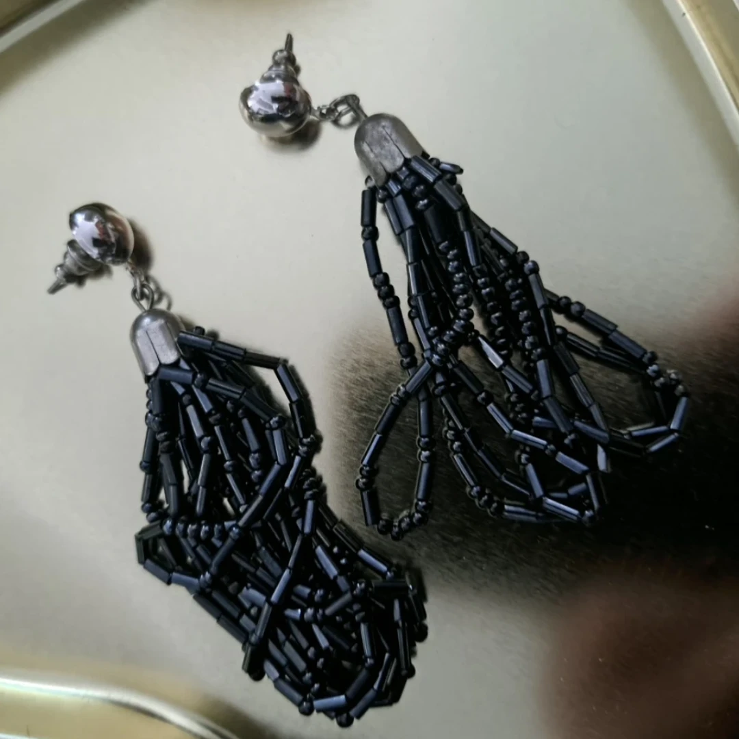 Black Beaded Tassel Earrings