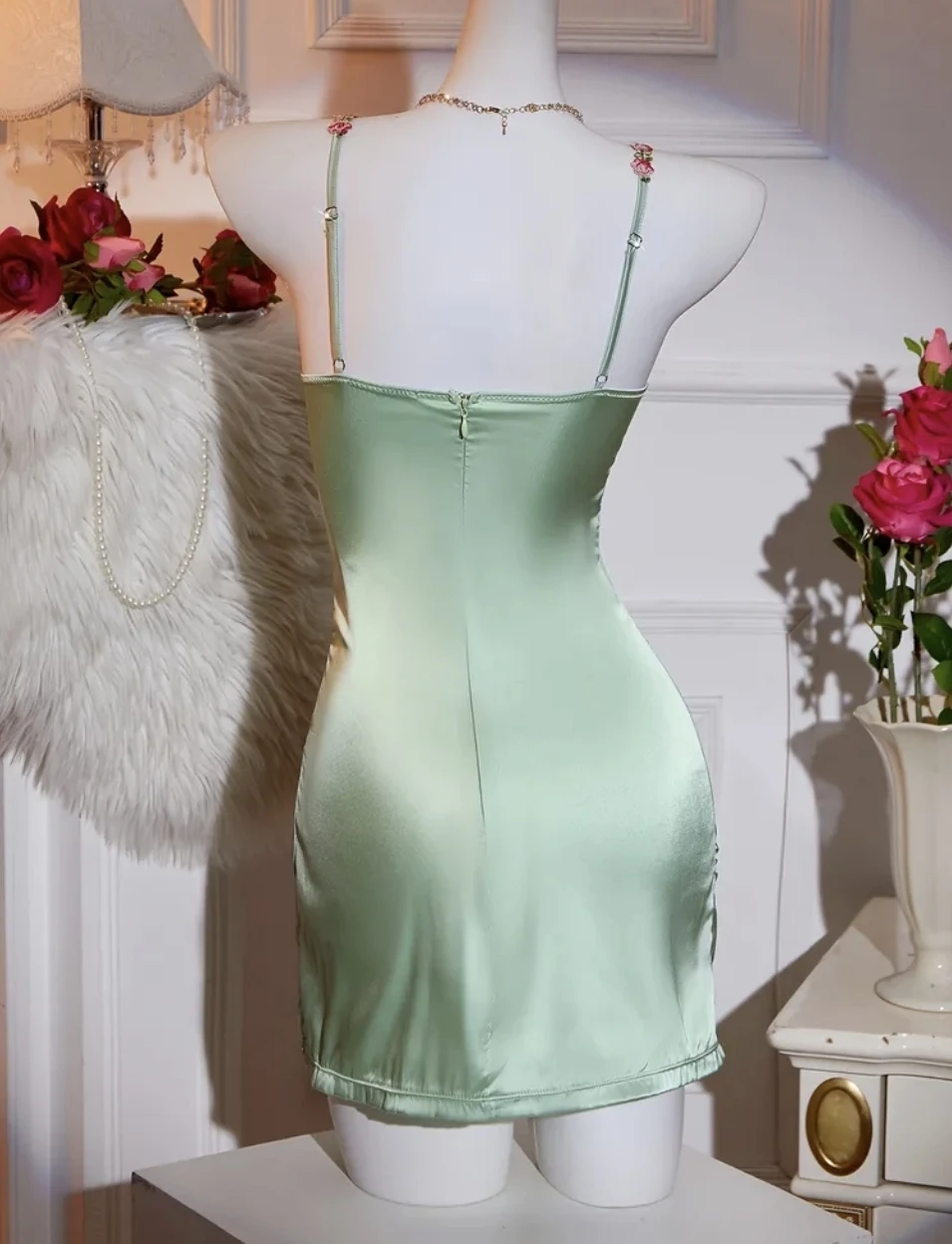 Light Green Satin Slip Dress with Floral Straps 🏆 - photo 2