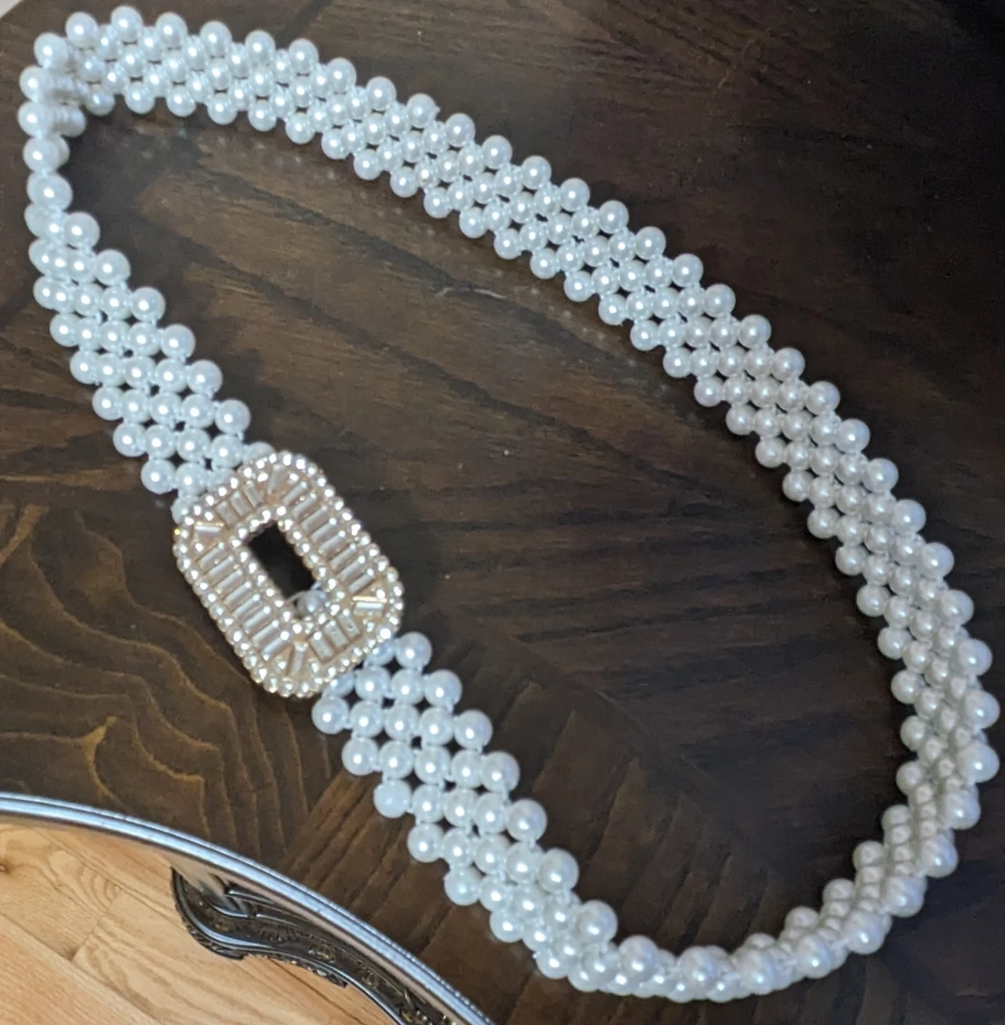 Pearl Beaded Belt with Rhinestone Buckle - photo 2