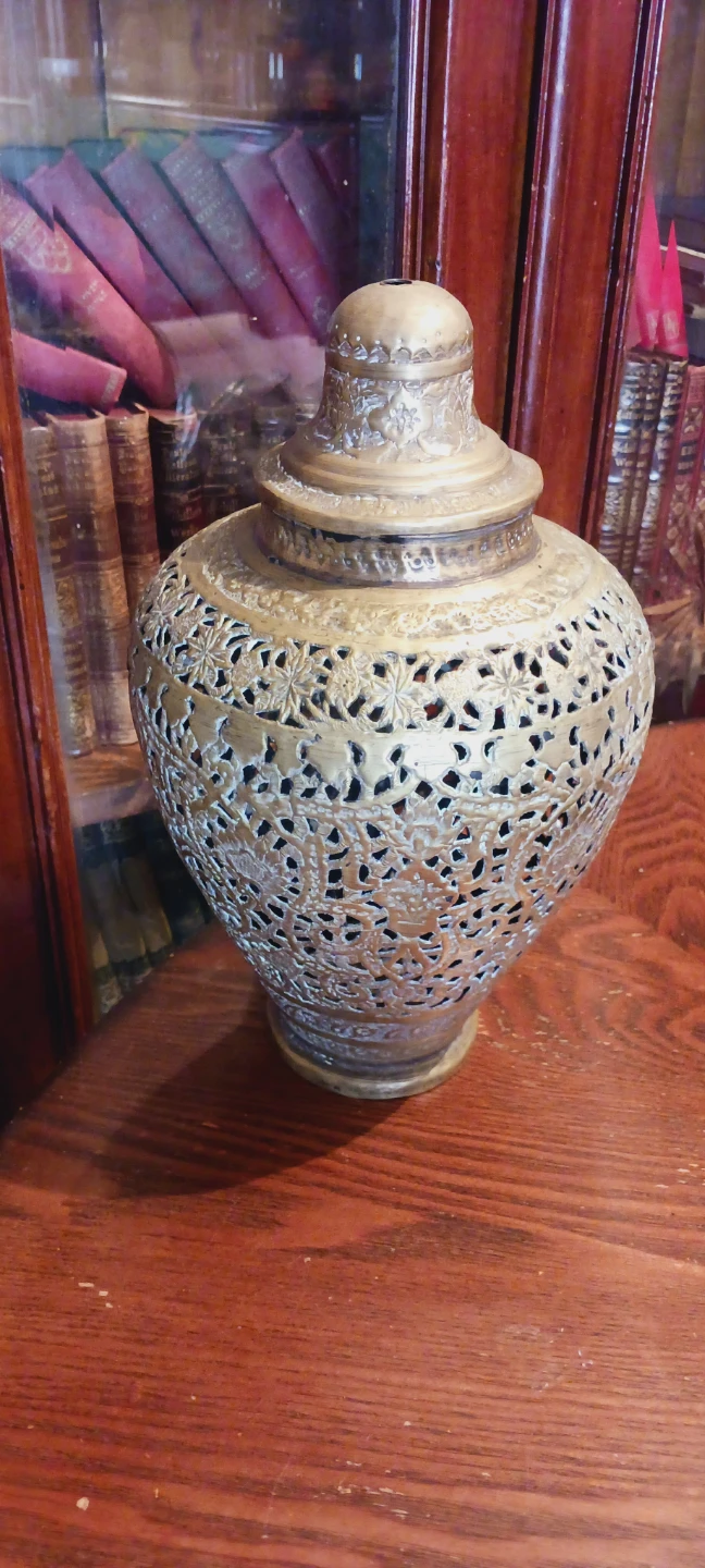 Antique Hindu/Persian Pierced Brass Lided Vase