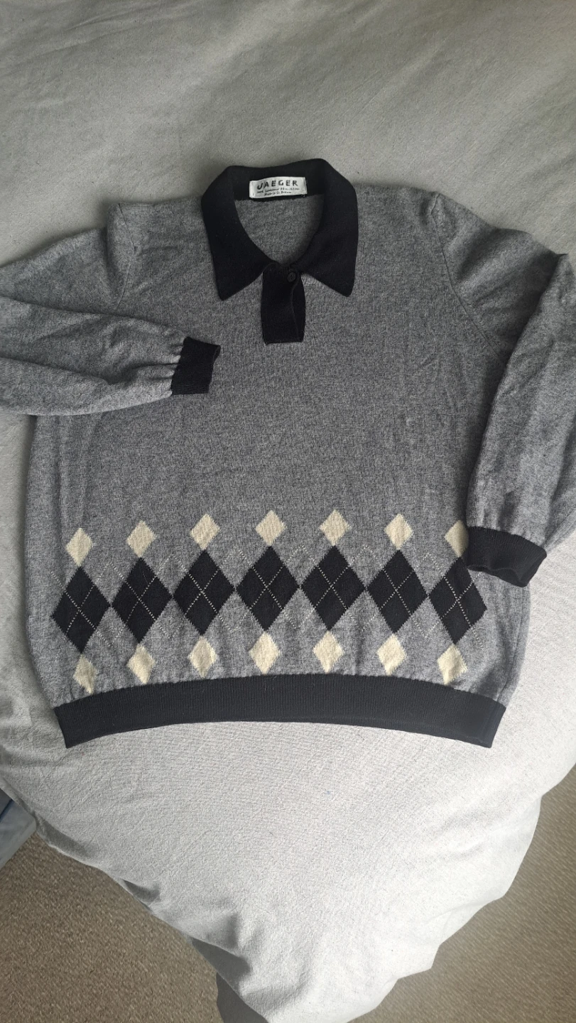 Vintage Jaeger Argyle Lambswool Polo Sweater, sz lg