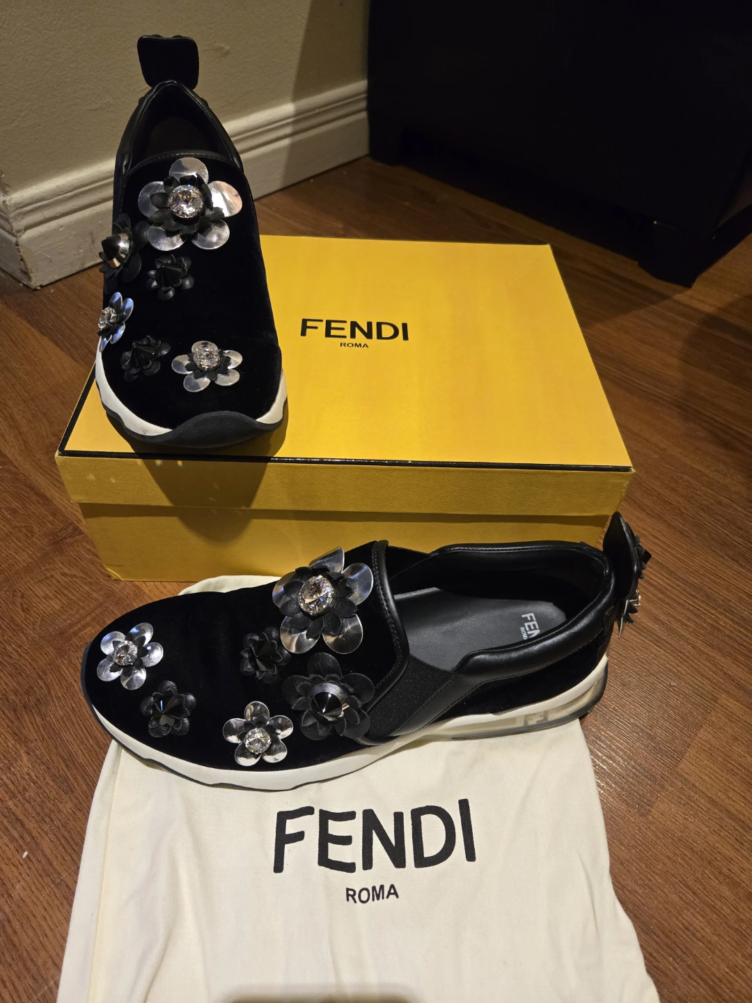 Fendi Flowerland Black Velvet Slip-Ons