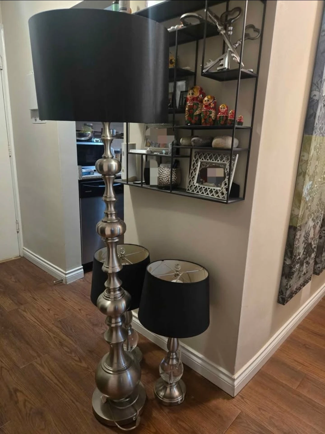 3 lamps! Silver Metal Floor Lamp with Black Shade