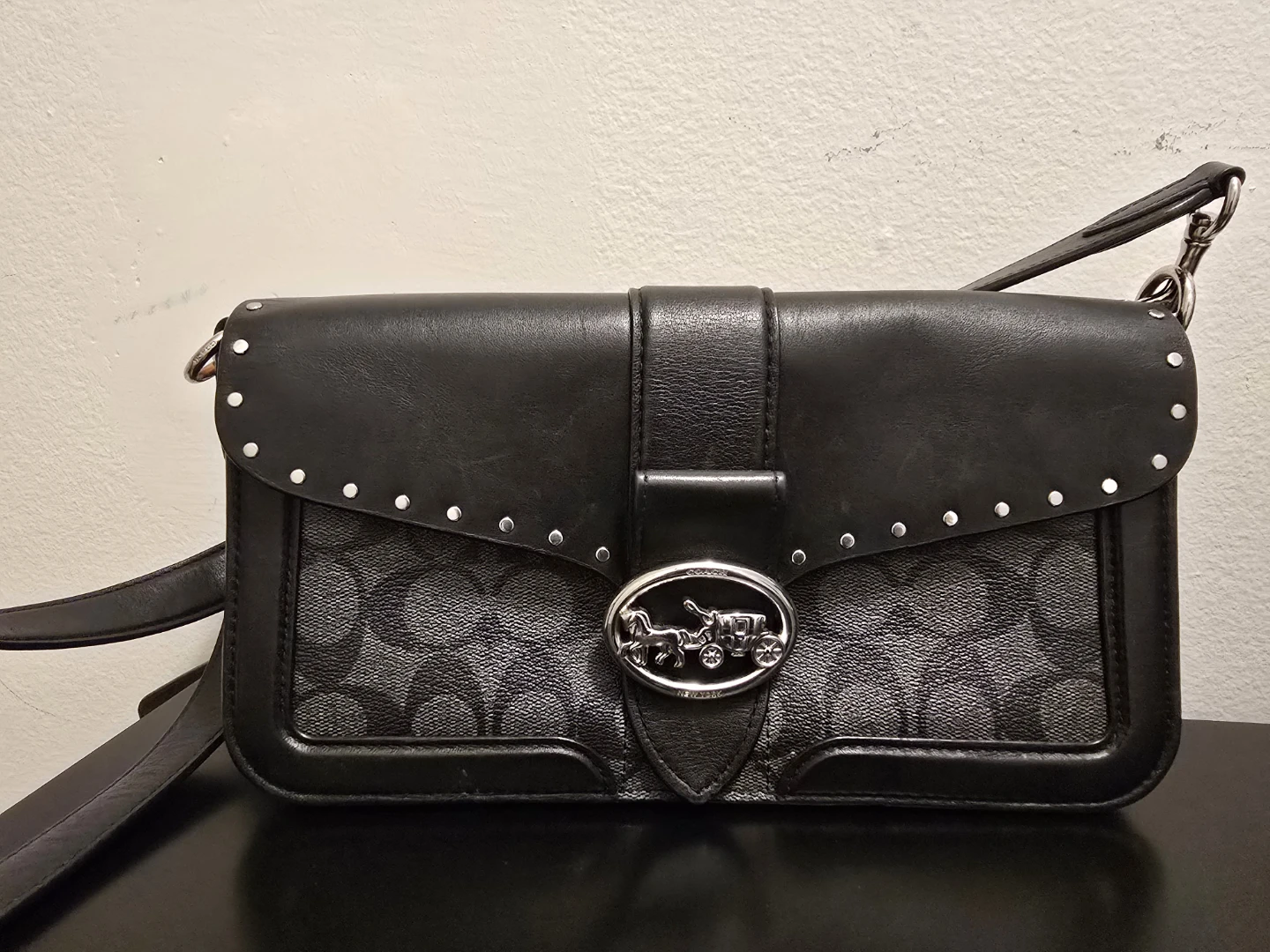Black leather studded coach purse