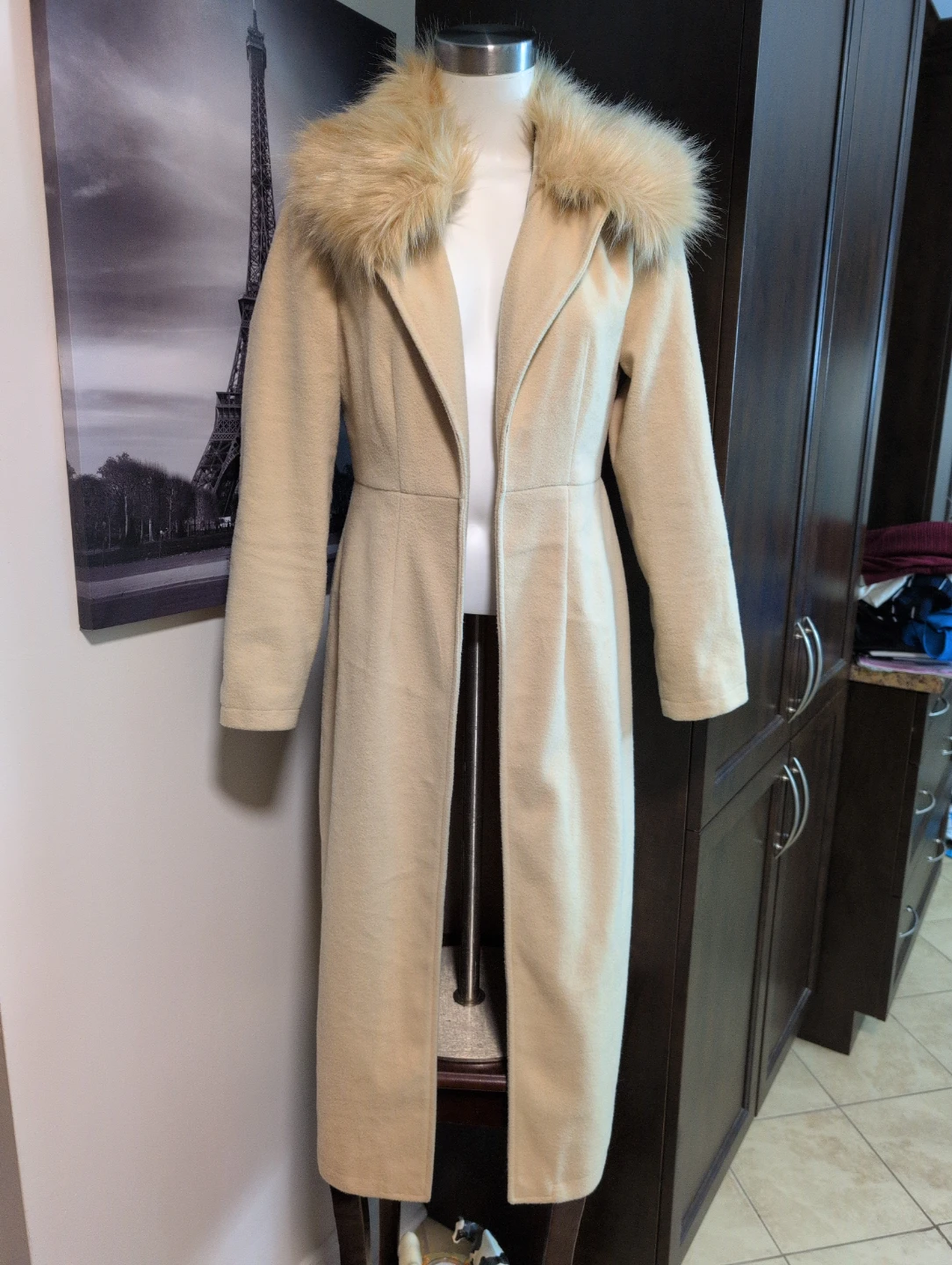 Women's Tan Long Coat with Faux Fur Collar
