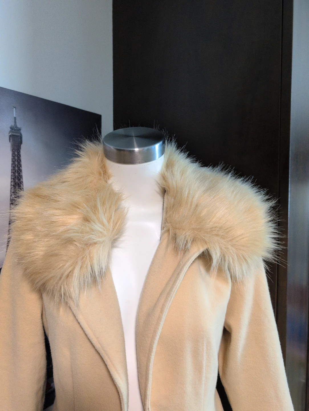 Women's Tan Long Coat with Faux Fur Collar - photo 3