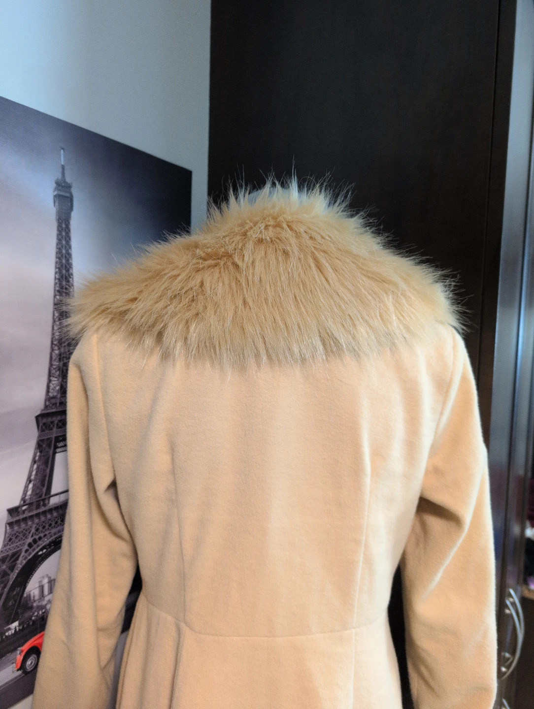 Women's Tan Long Coat with Faux Fur Collar - photo 5
