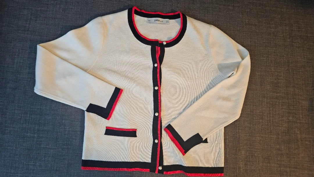 ZARA Knit Cardigan - Cream/Black/Red - Size M