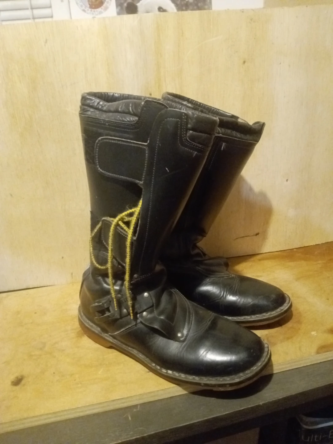 Black Leather Motorcycle Boots with Yellow Laces