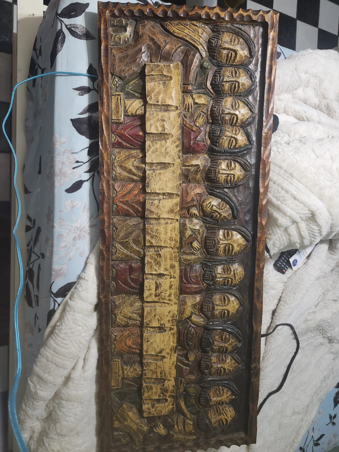 Hand Carved Wooden Wall Art with Faces