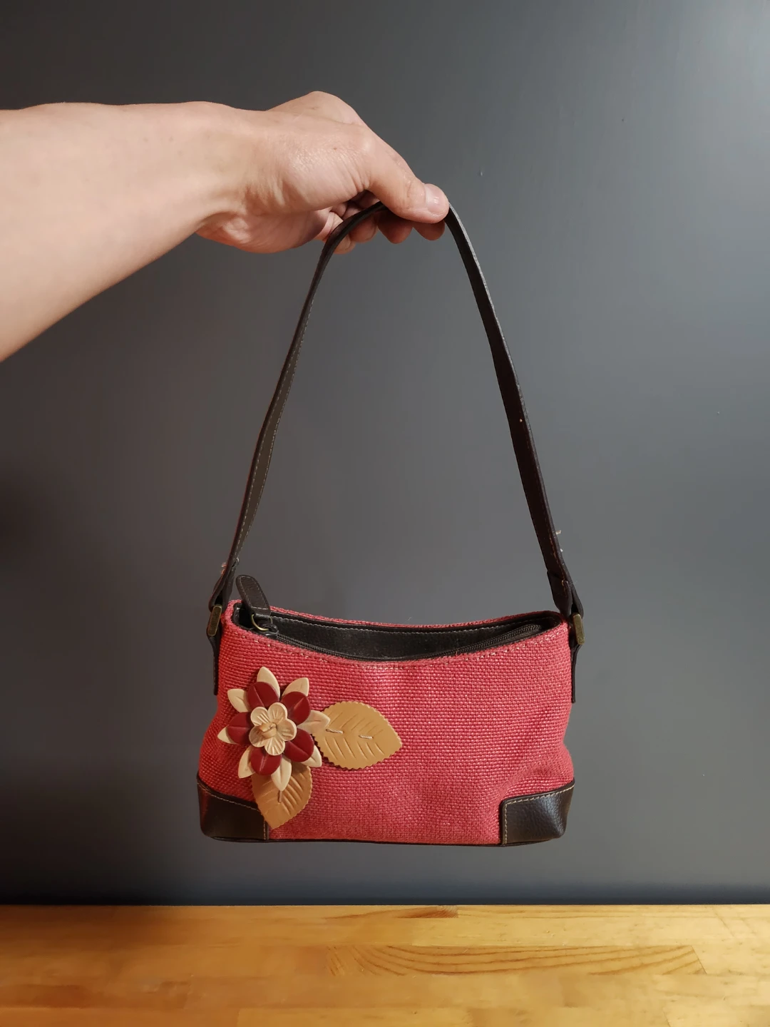 Red Woven Shoulder Bag with Floral Appliqué by Liz Claiborne