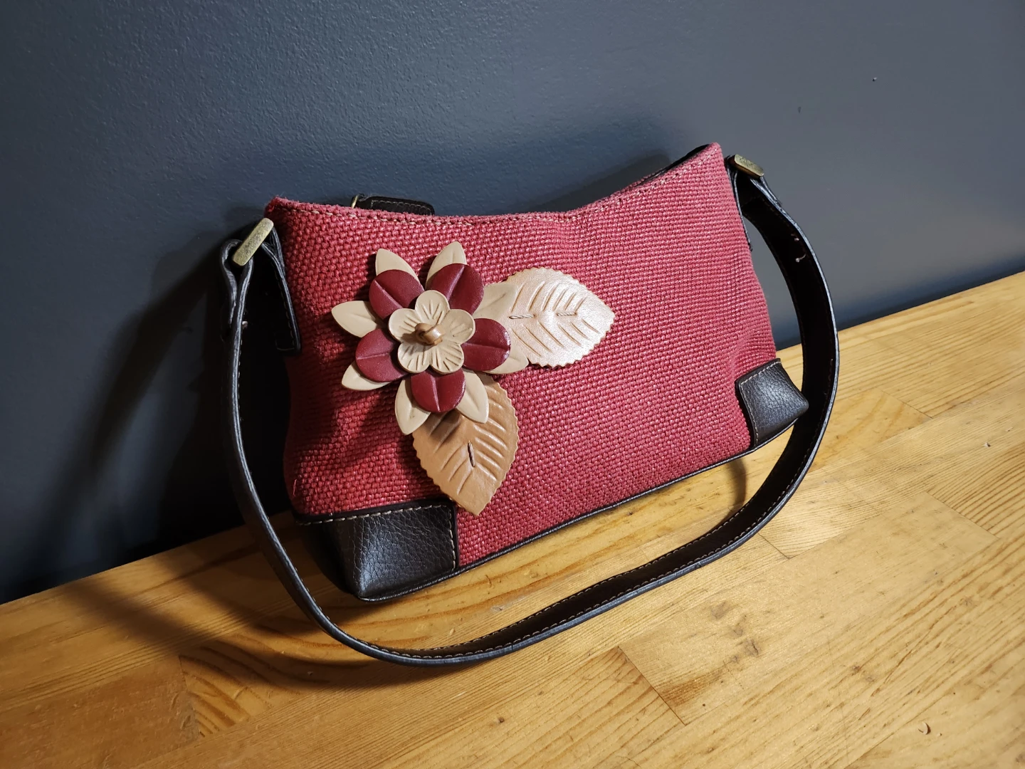 Red Woven Shoulder Bag with Floral Appliqué by Liz Claiborne - photo 2