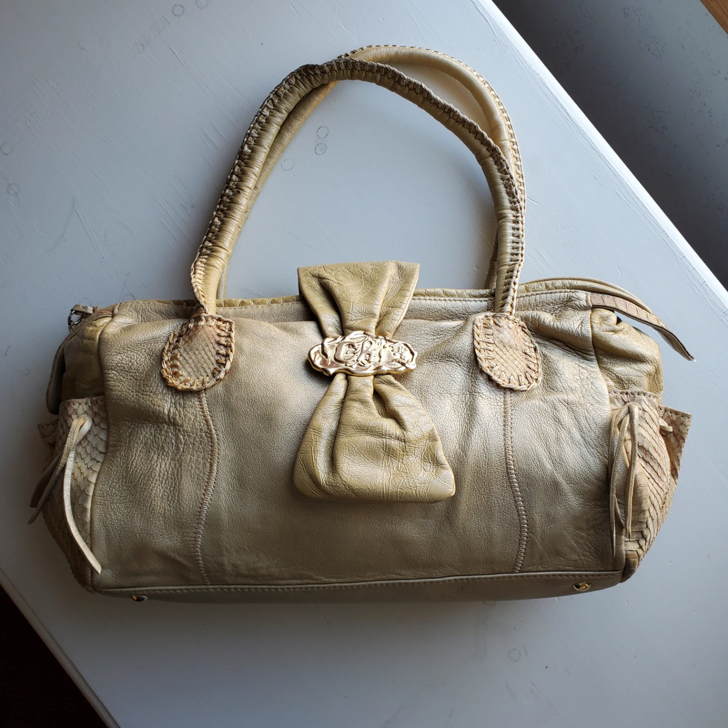 Carlos Falchi Lamb and Snake Leather Satchel Shoulder Bag - photo 2
