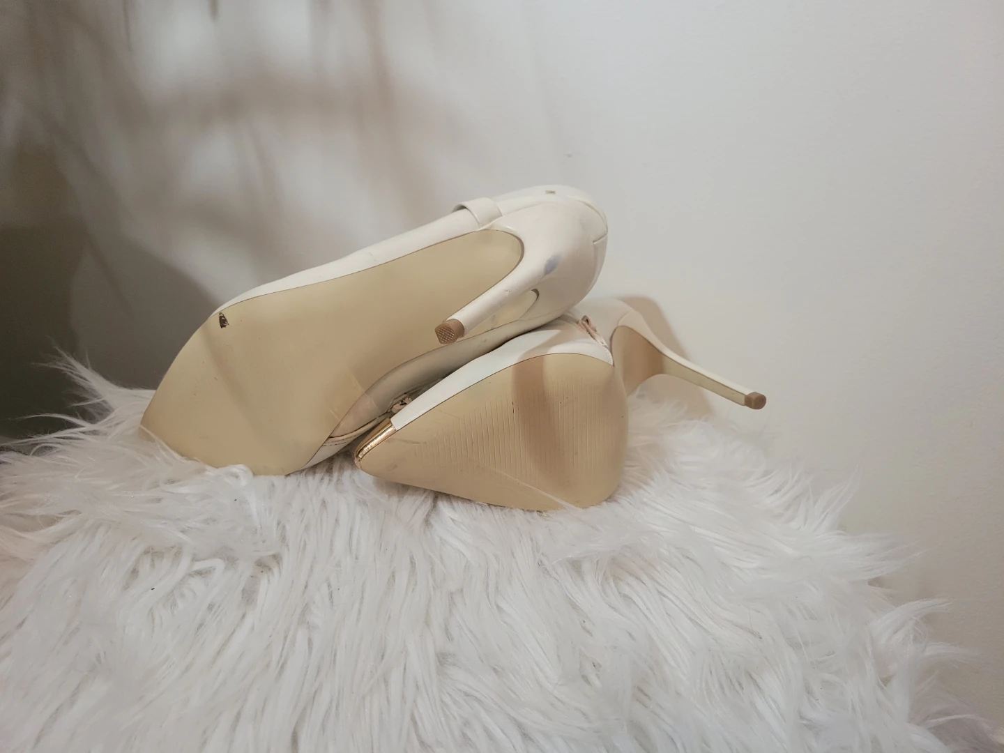 White Ankle Strap Heels with Gold Toe Cap - photo 2
