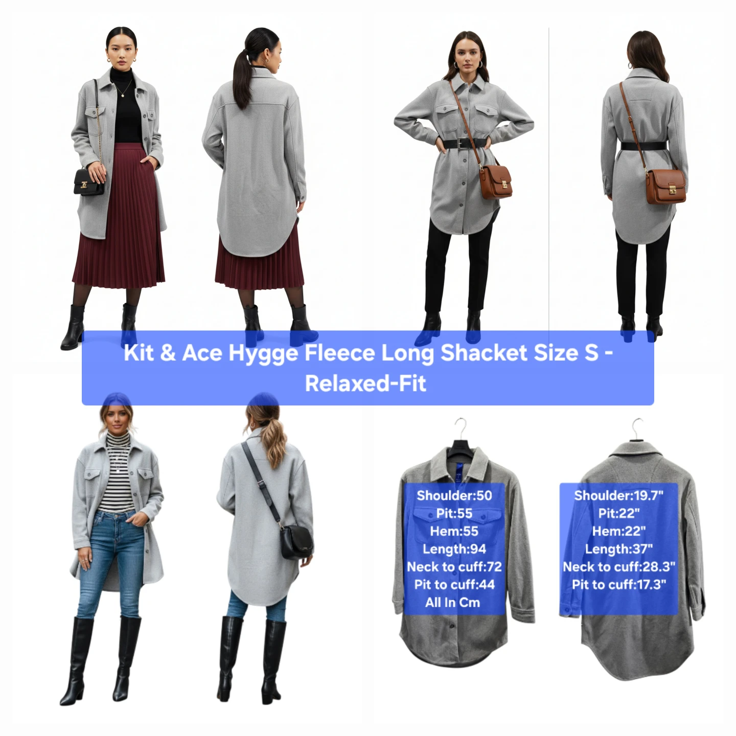 🏆 Kit & Ace Hygge Fleece Long Shirt Shaket Size S - Relaxed-Fit
