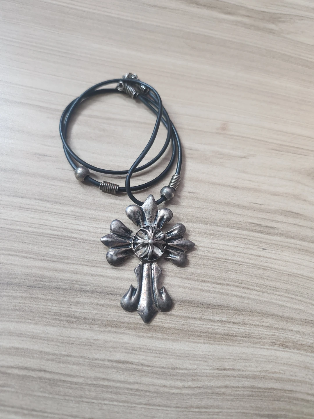 Silver Cross Pendant Necklace with Leather Cord