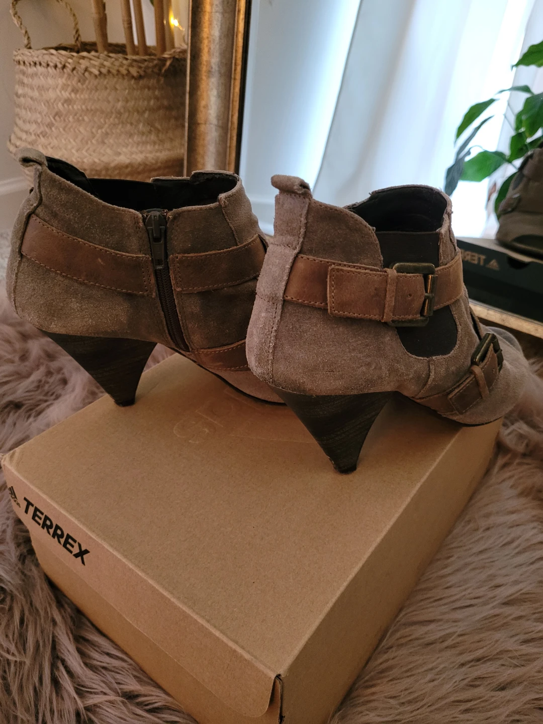 Women's Grey Suede Peep-Toe Ankle Boots with Buckle Detail - photo 4