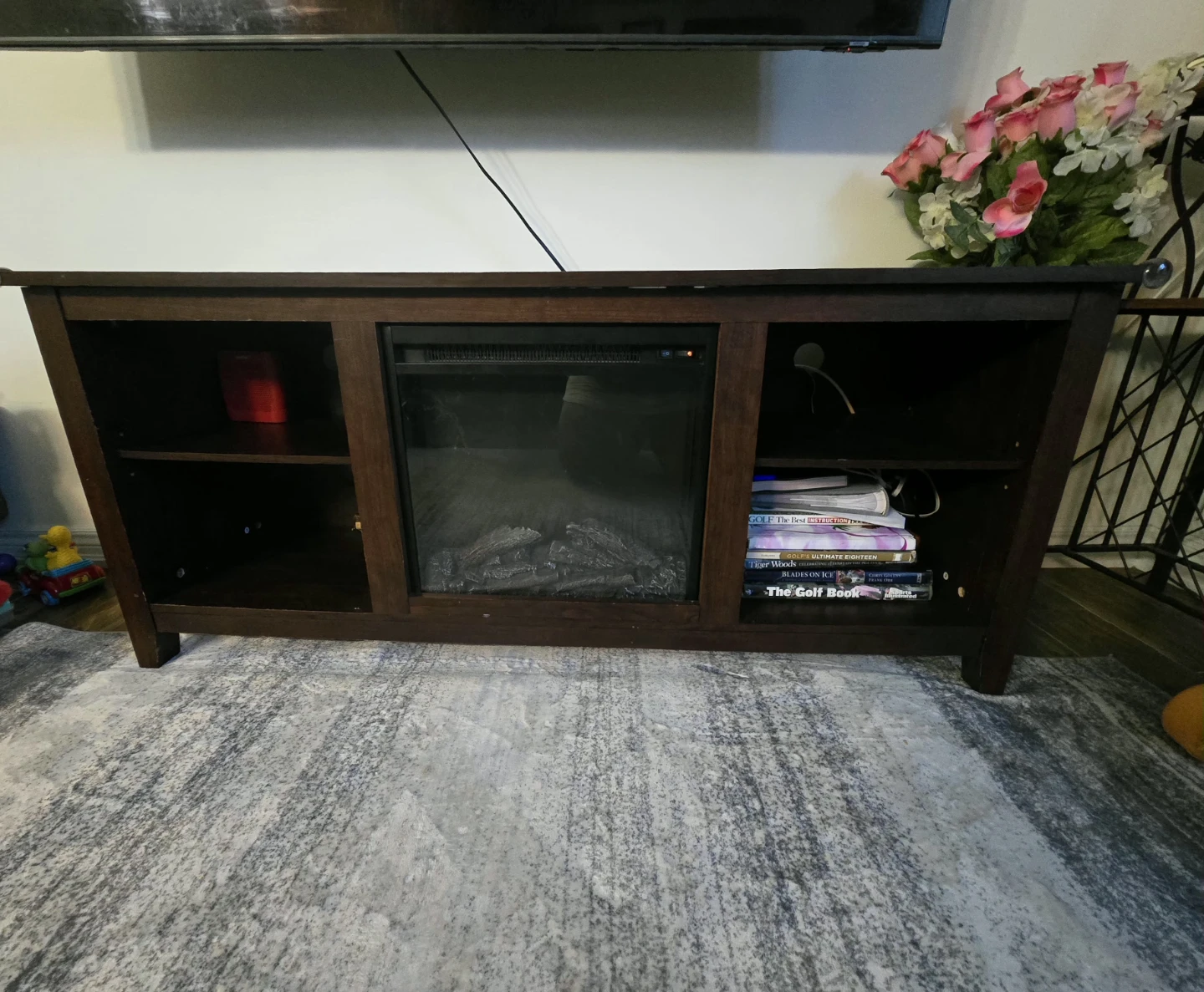 Dark Wood Electric Fireplace TV Stand with Shelves