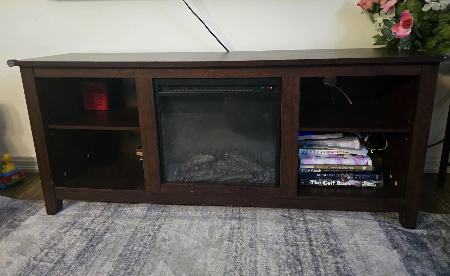 Dark Wood Electric Fireplace TV Stand with Shelves - photo 2