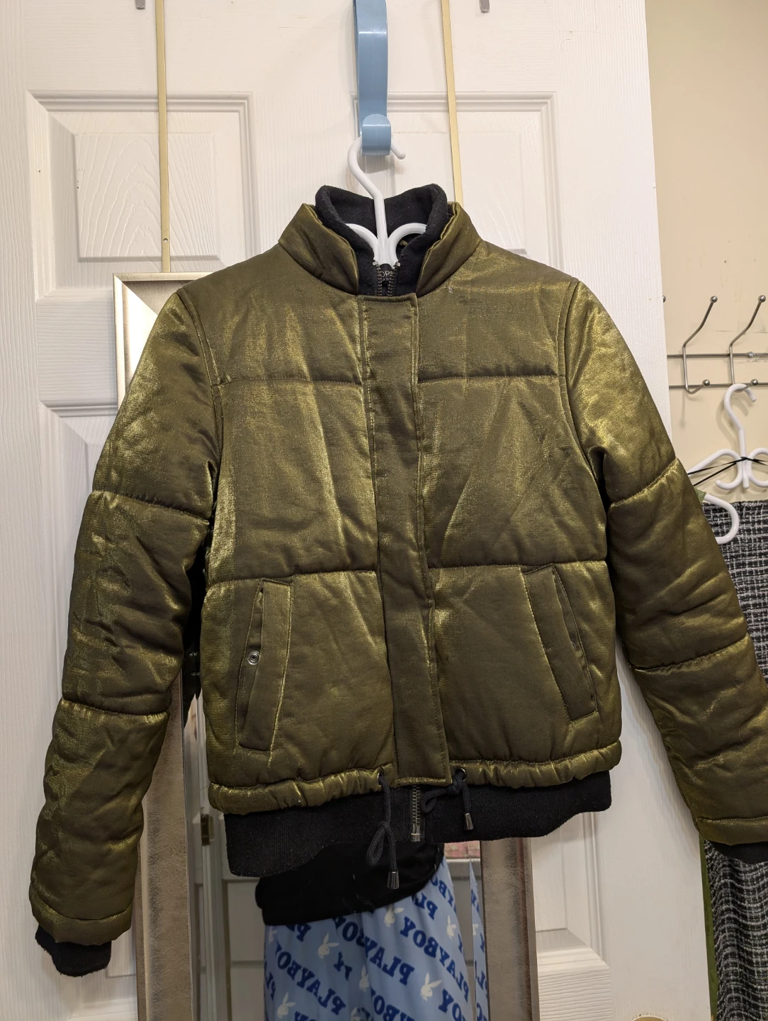 TOPSHOP Women's Puffer Jacket - Shiny Olive Green-US 4