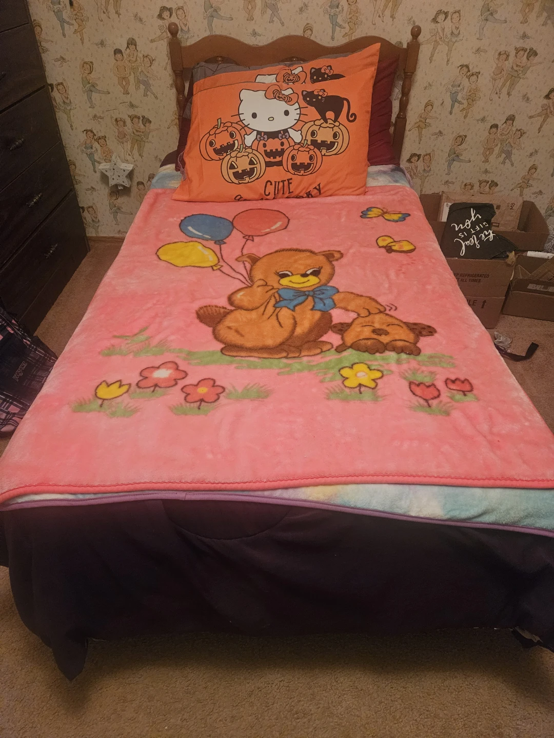 Pink Teddy Bear and Balloons Fleece Blanket