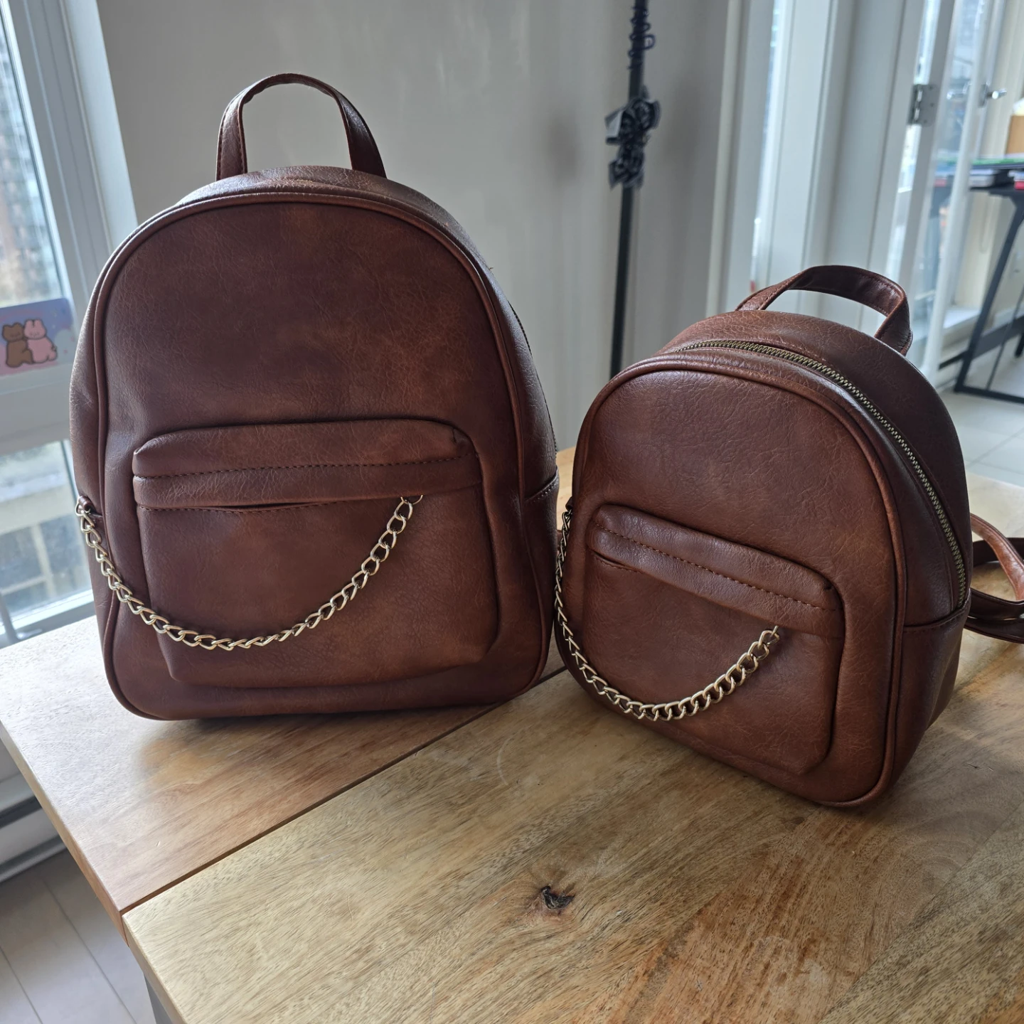 Brown Faux Leather Backpack Set with Chain Detail