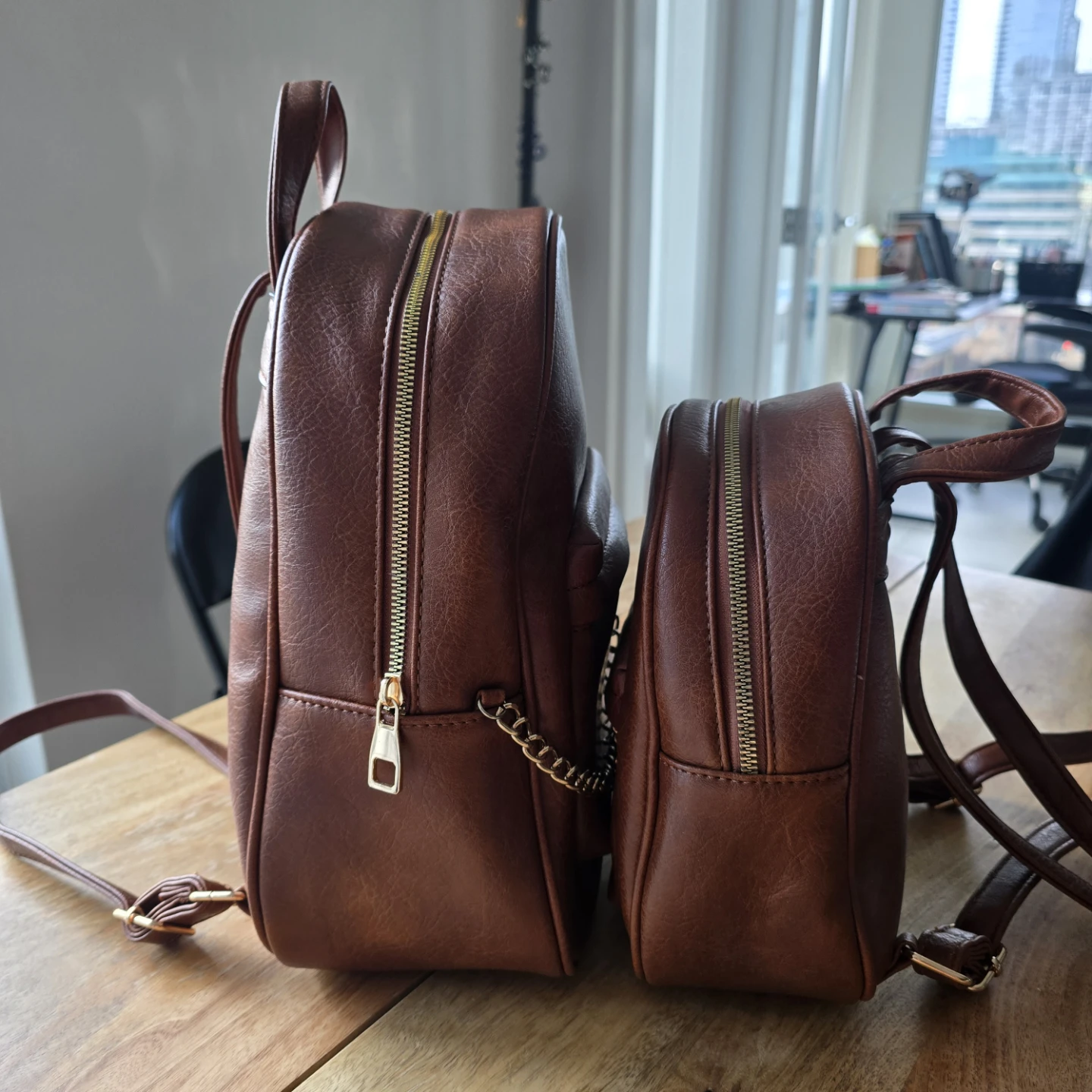Brown Faux Leather Backpack Set with Chain Detail - photo 3