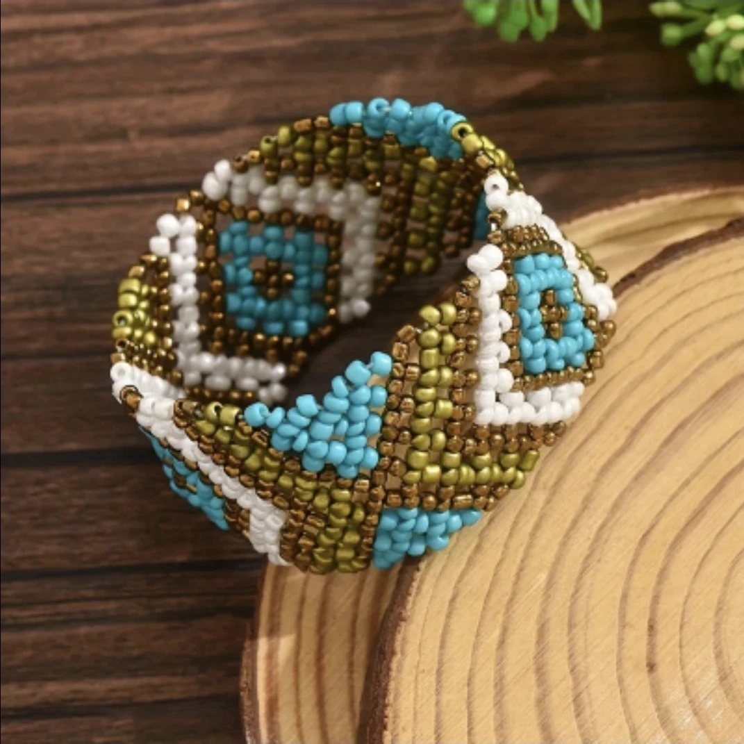 Handmade Geometric Beaded Cuff Bracelet • 3 Colors - photo 2
