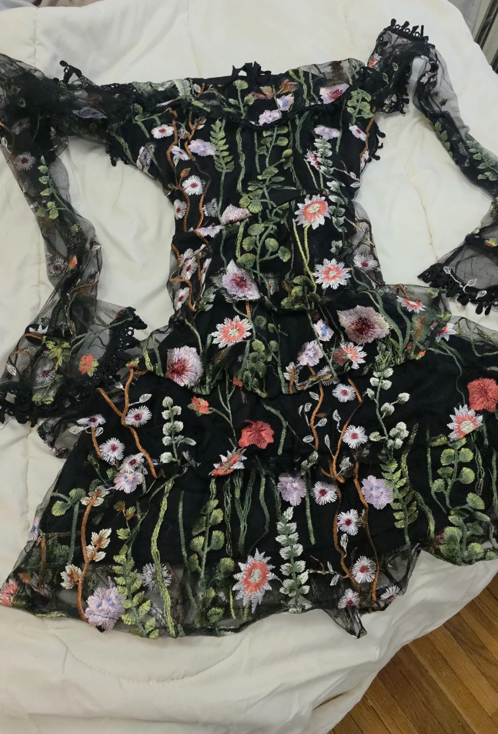 Black Floral Embroidered Mesh Dress Size S