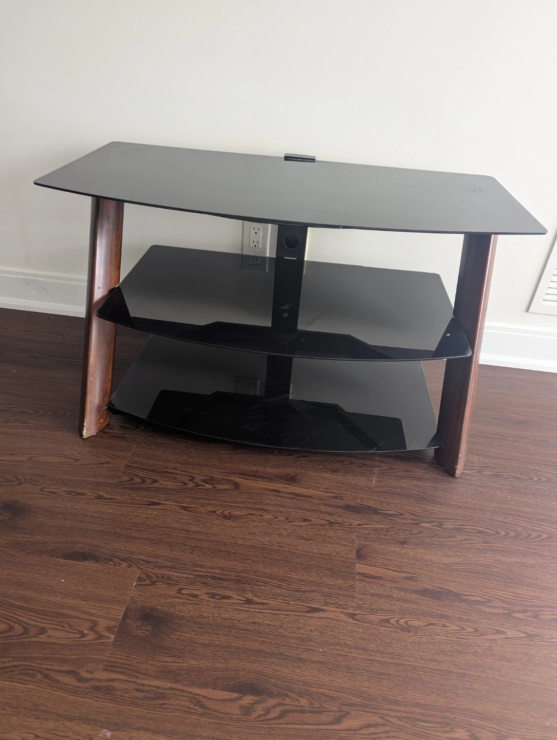 3-Tier Black Glass TV Stand with Wood Accents - photo 3