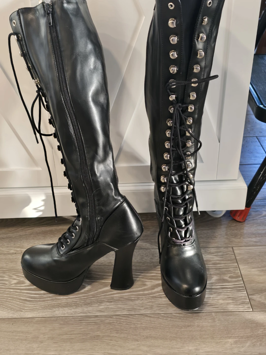 Black Faux Leather Lace-Up Platform Knee-High Boots