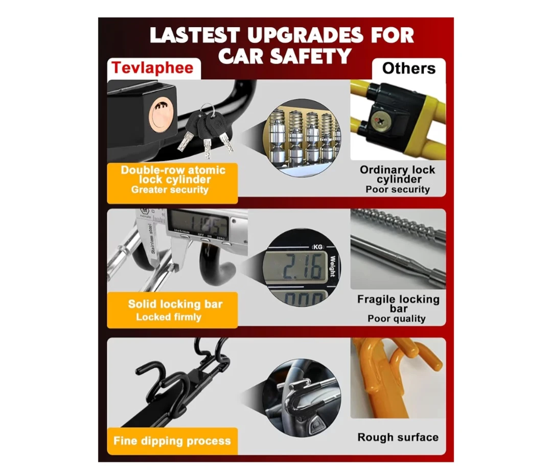 Tevlaphee Steering Wheel Lock Anti-Theft Car with 3 Keys(Black) - photo 3