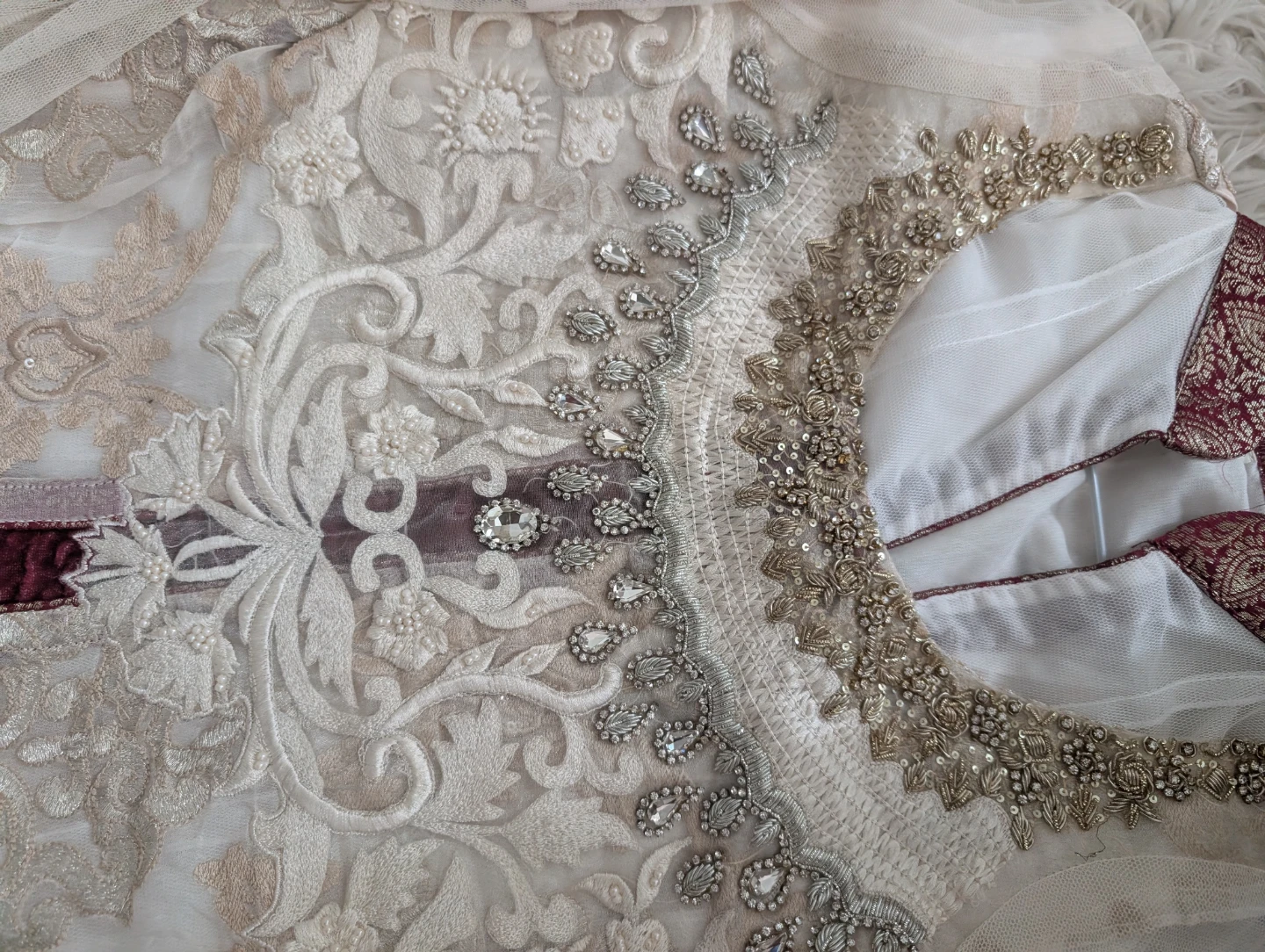 Designer Hand Embroidered White and Maroon Women's Dress - photo 3