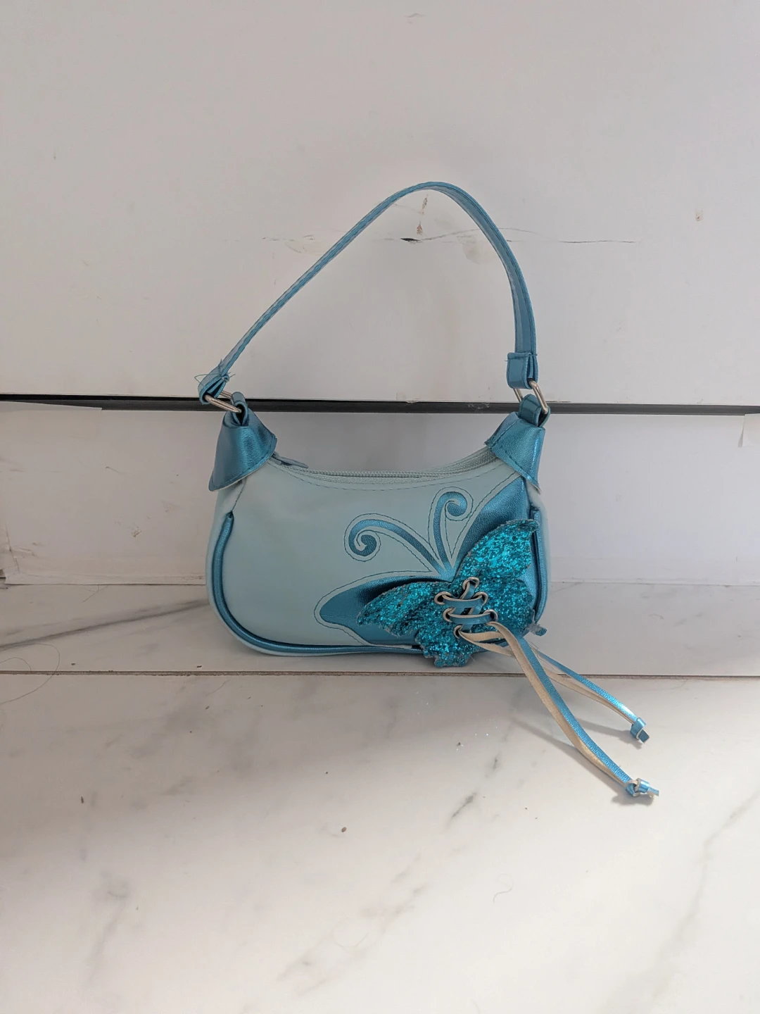 Light Blue Butterfly Accent Shoulder Bag