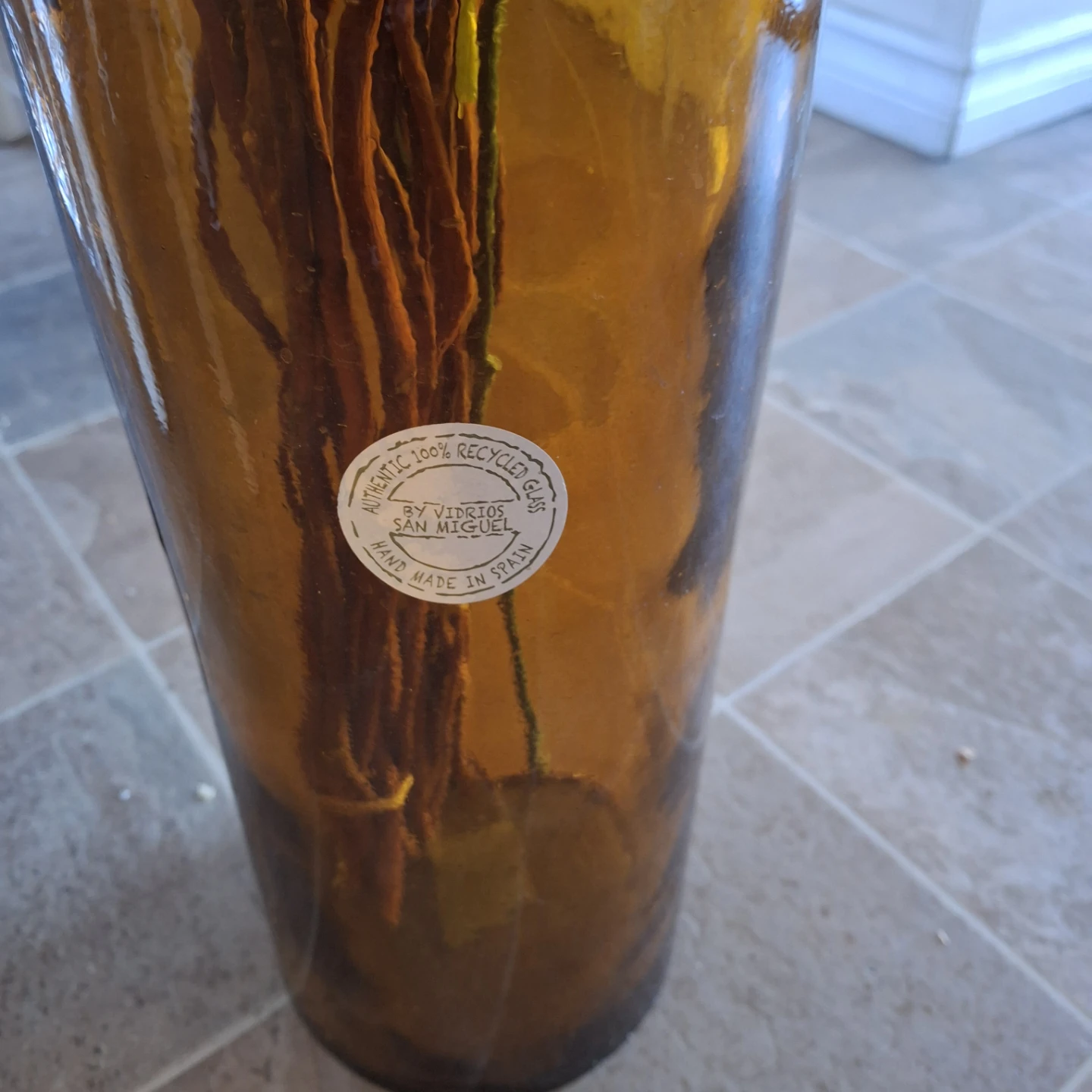 Amber Glass Vase Red Flowers and Branches - photo 2