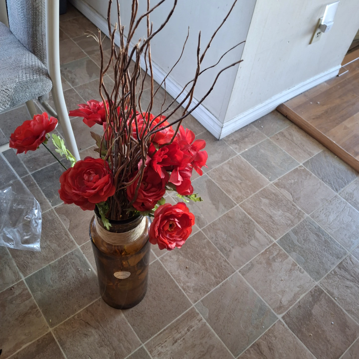 Amber Glass Vase Red Flowers and Branches - photo 3