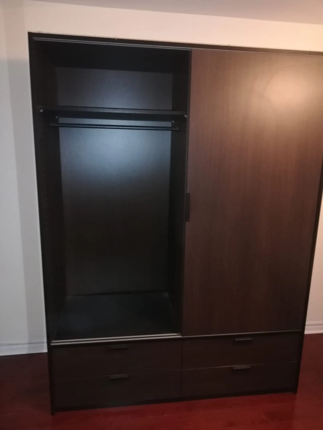 Dark Wood Wardrobe with Sliding Door and Drawers