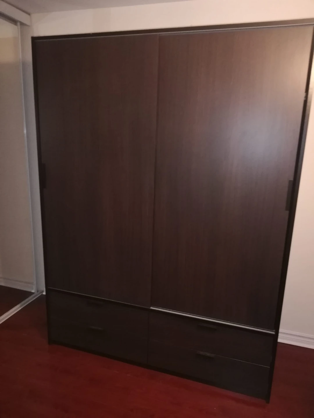 Dark Wood Wardrobe with Sliding Door and Drawers - photo 2