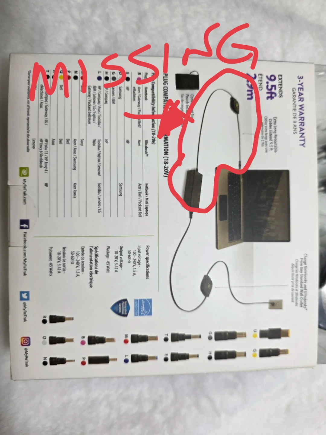 Retrak Universal Retractable Laptop Charger Part w Adapter Tips - photo 4